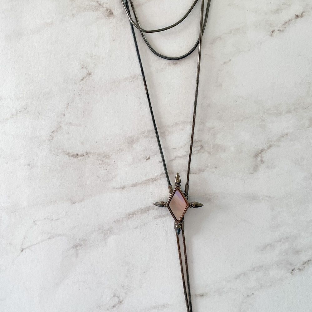 Shop Dixi Three Layered Necklace Gunmetal Gray with Pink Stone Center